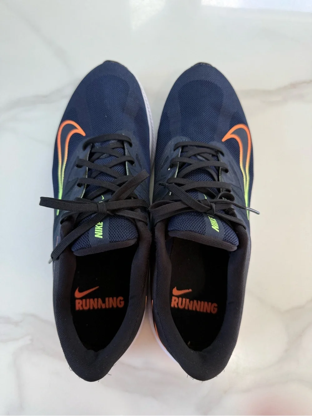 Nike Men’s Navy Athletic Shoes with Orange and Lime Swoosh
